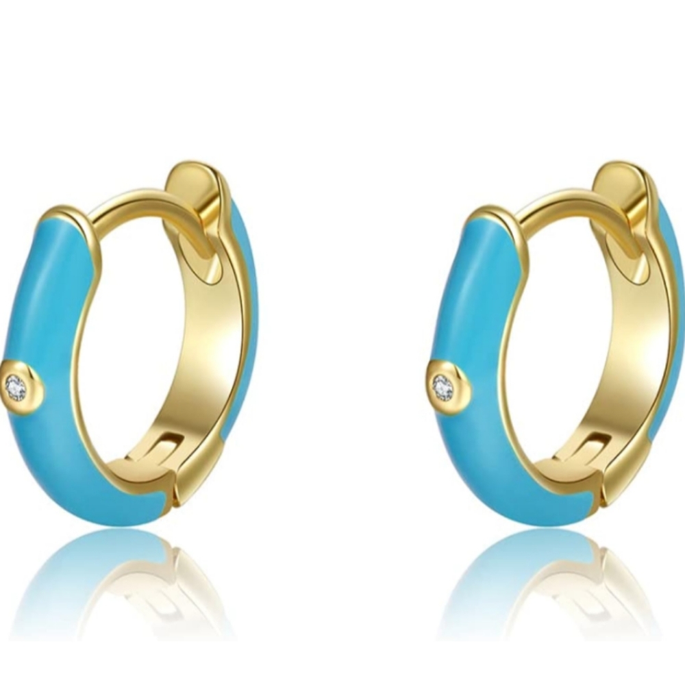 Little Baby Blue Gold Hinged Hoops Enamel Hoop Earrings Rhinestone Crystal New